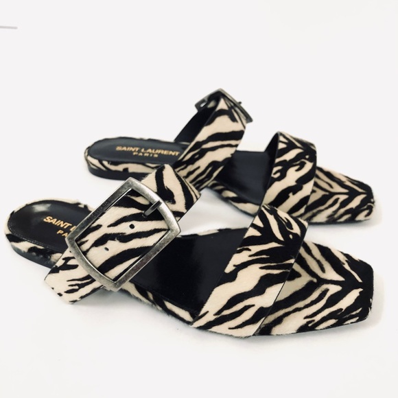 Saint Laurent Oak Zebra Calf-hair Buckle Squared Toe Sandal - Picture 6 of 10